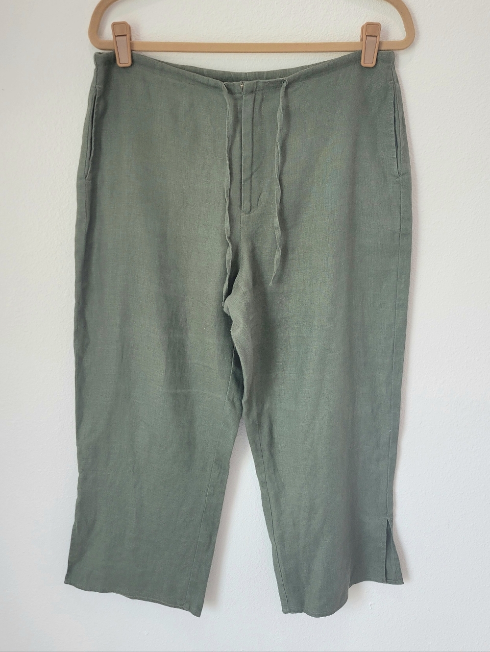 Eddie Bauer 100% Linen Capri Pants M Olive Green Drawstring